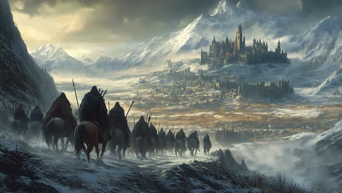Mounted warband approaches fortified citadel in icy valley.