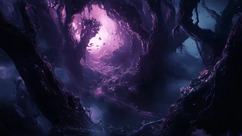 Mystical Purple Cave with Ethereal Light Portal.