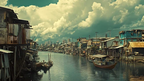 Riverside informal settlement under dramatic cumulonimbus sky.