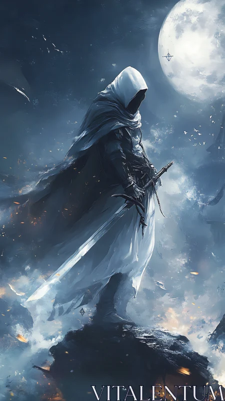 Hooded moonlit warrior stands vigilant above a burning world