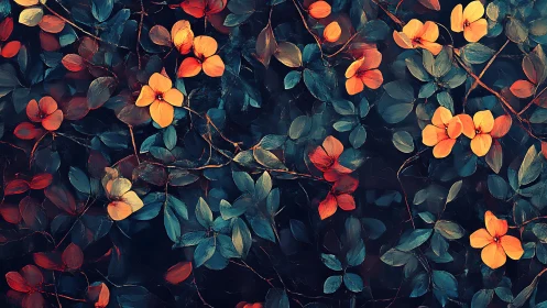 Midnight garden blossoms trade whispers with teal leaves