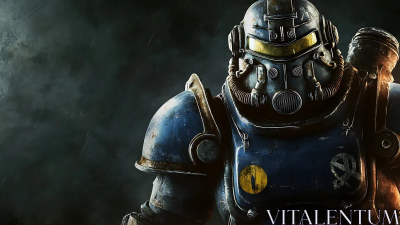 Armored power-suit portrait under cinematic low-key lighting