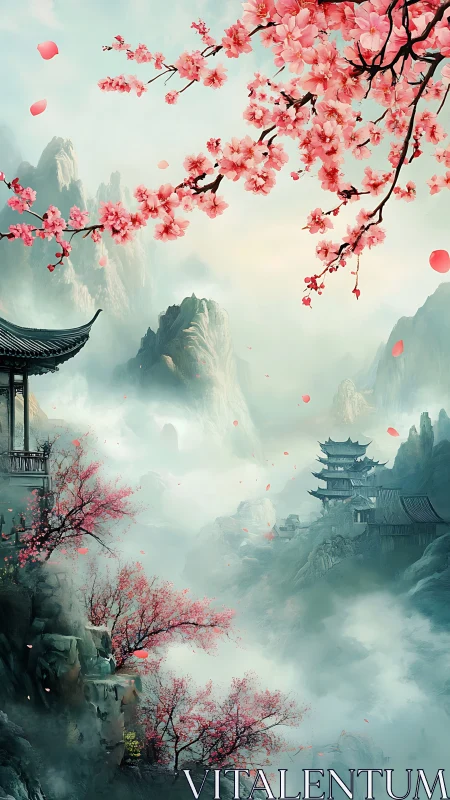 Blossoming cherry trees over misty ancient mountain temples.