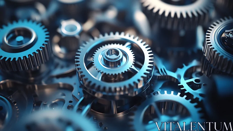 Intricate steel gears interlock in a cool industrial glow