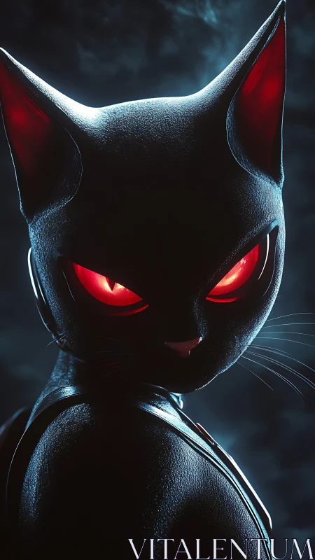 Black armored cat with glowing red eyes in profile.