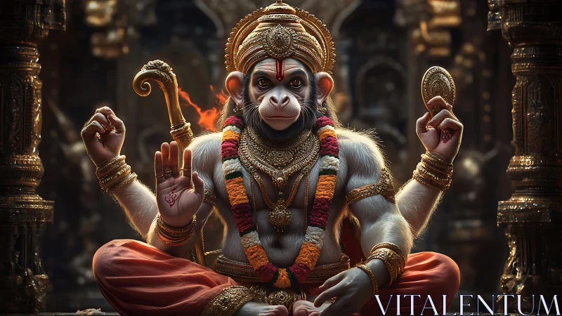 Photorealistic simian deity portrait in ornate temple setting.