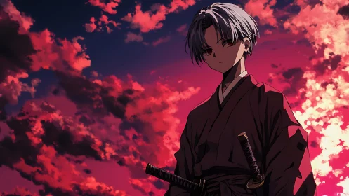 Samurai silhouette under high-saturation crimson cumuliform sky.