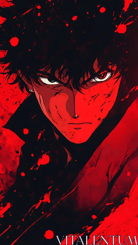 Anime portrait with dynamic red splatter and noir shadowing.