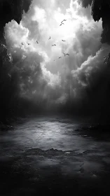 Stormlit cavern mouth with silhouetted birds in ascent.