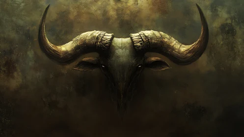 Bull skull with sweeping horns on dark textured backdrop.