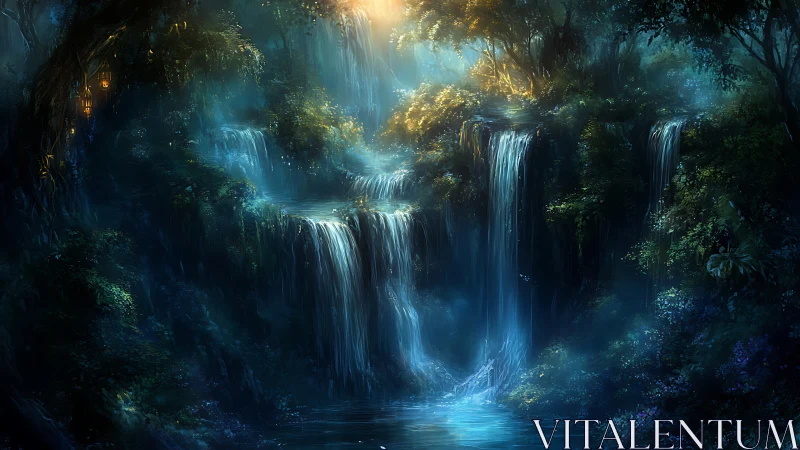 Enchanted forest waterfalls glow under diffused dawn light