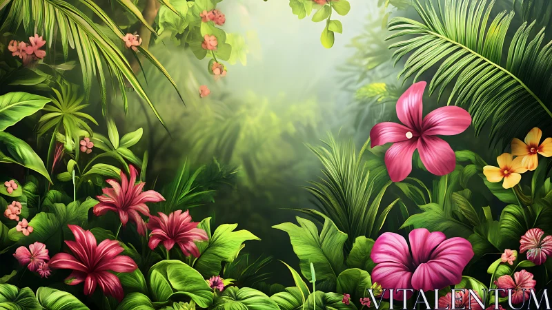 Digital rendering of lush tropical flora with multilayered depth of field and atmospheric light diff