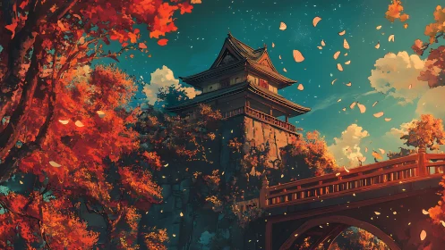 Autumn leaves swirl around hilltop Japanese temple at dusk