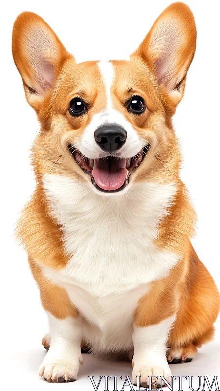Front-facing corgi portrait uses high-key lighting and crisp fur detail