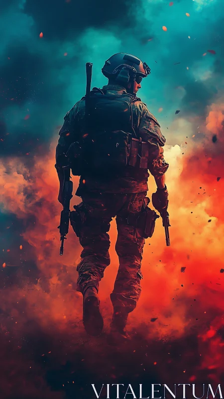 Digital painting of lone soldier in bicolor inferno atmosphere.