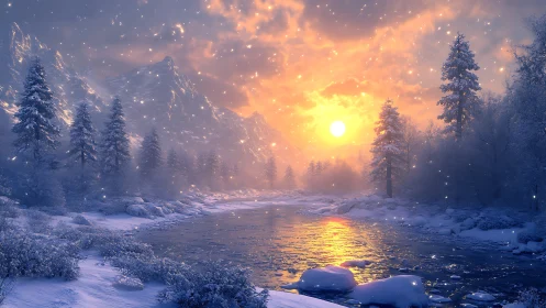 Snowlit river hums quietly beneath a blazing winter sunrise
