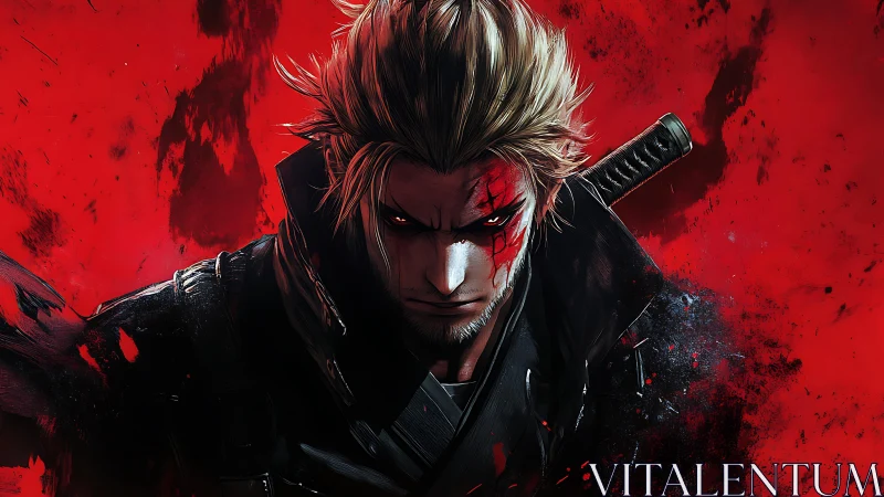 Bloodstained anime swordsman emerges from abstract red void