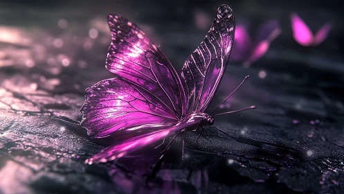 Luminous violet butterfly resting on moonlit stone path.