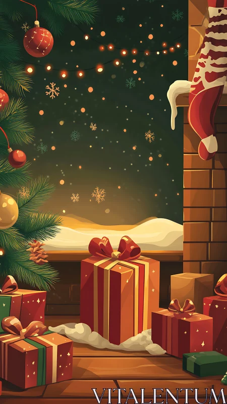 Warm interior Christmas scene with stylized gifts and bokeh lighting effects