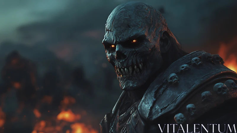 Grim fire-eyed warlord watching a burning battlefield.