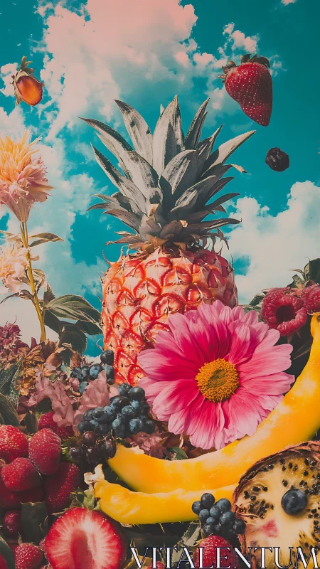 Tropical pineapple still life under surreal cyan sky.