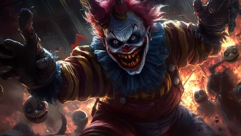 Infernal nightmare clown lunges through blazing carnival chaos.