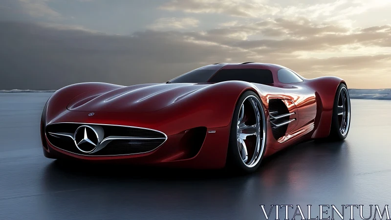 Red Mercedes concept sports car on reflective surface at dusk.