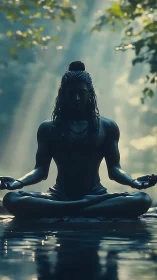 Monochrome yogic silhouette in volumetric forest backlight.