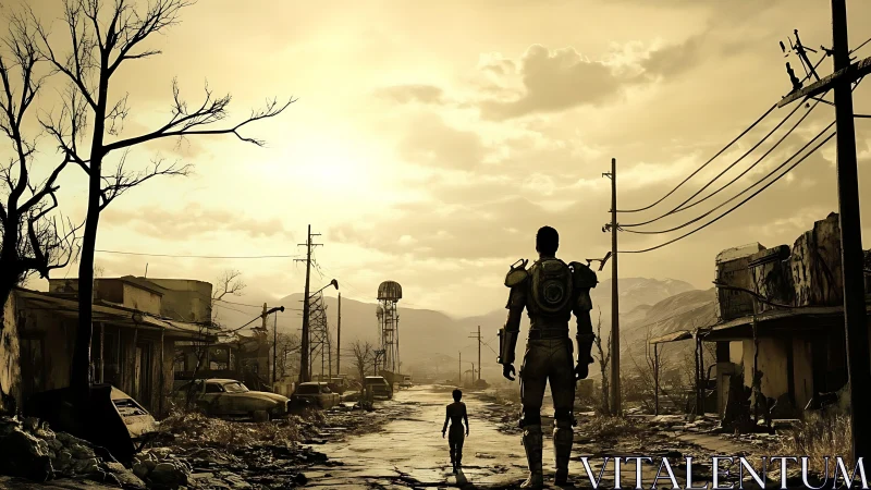 Armored wanderer and child in ruined wasteland street.