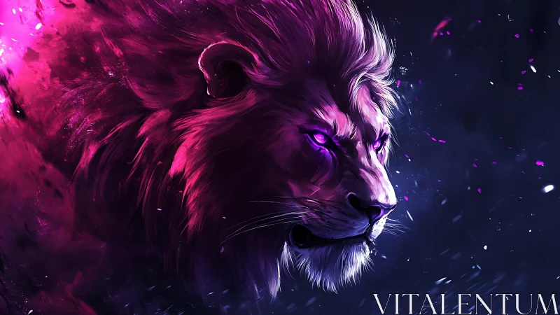 Neon magenta spectral lion profile in cosmic particle field