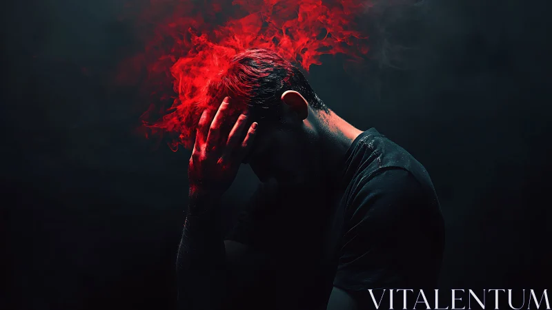 Smoldering mindscape ignites above a bowed, shadowed figure.