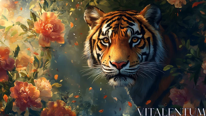 Tiger head rendered among dense floral foliage in profile