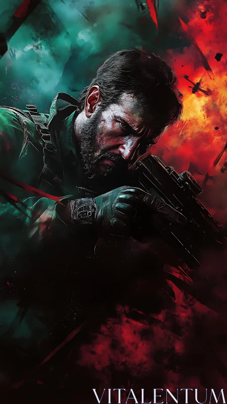 Tactical soldier portrait amid teal and inferno-red clouds.