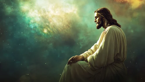 Quiet-robed figure listens to galaxies breathe around him