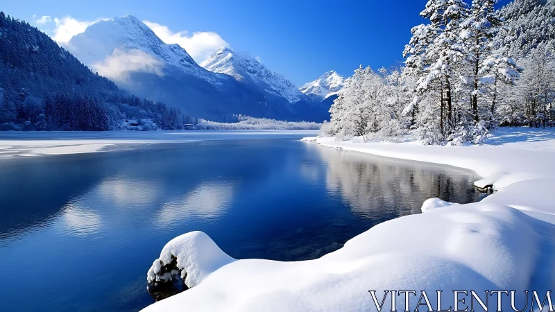 Snow covered alpine lake with mountains under clear sky.