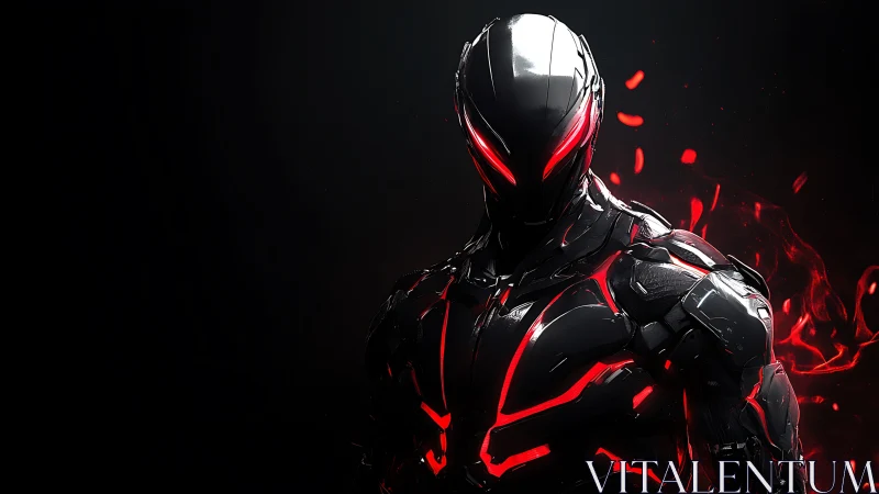 Humanoid armored figure with red illuminated suit details.