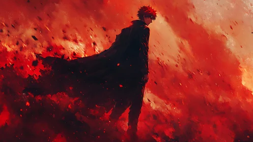 Solitary anime warrior in ember storm, long coat silhouette