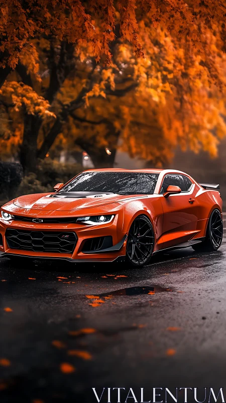 Orange sports coupe under vivid autumn foliage on wet street.