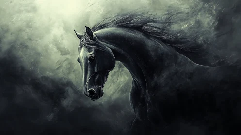Storm-forged phantom stallion emerging from spectral mist.