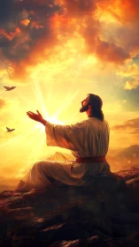 Radiant robed figure seated on rocks beneath blazing golden sky