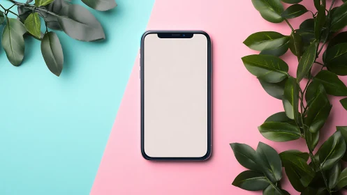 Smartphone flat lay with botanical elements and color block background.