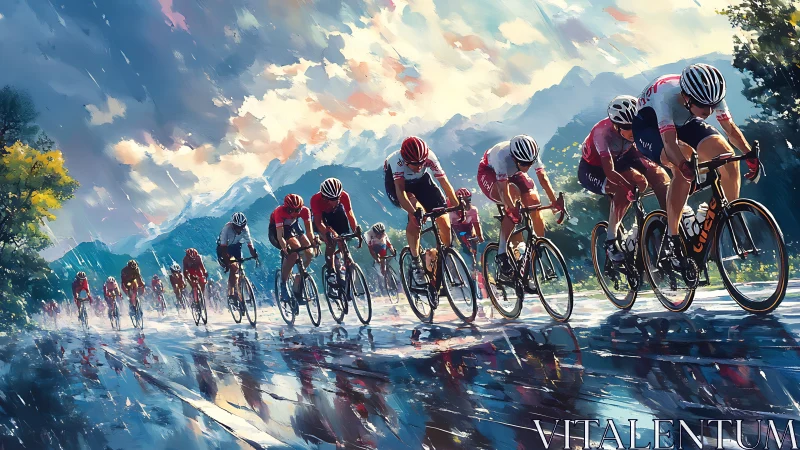 Rain-slicked mountain peloton charging through stormlight.