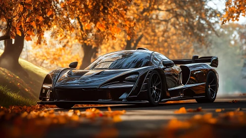 Sleek black supercar glides through a golden autumn avenue