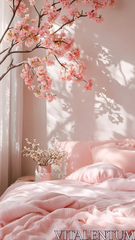 Soft pink bedroom with cherry blossom wall shadows in light.