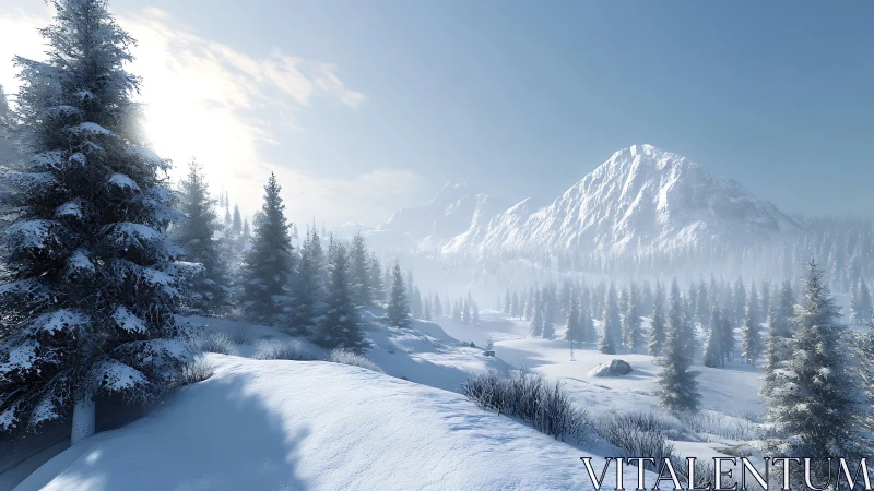 Snow-covered conifer forest and distant alpine mountains.