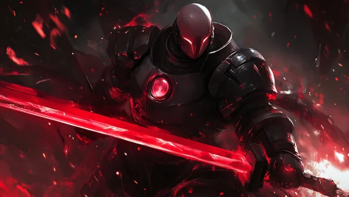 Armored sci fi warrior with glowing red energy blade.