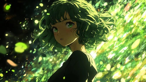 Emerald haired girl in luminous green particle field portrait.