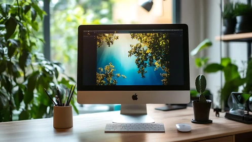Plant-lit workspace sanctuary with calm creative screen glow.