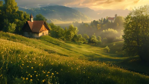 Sunlit chapel above wildflower meadow in misty valley.