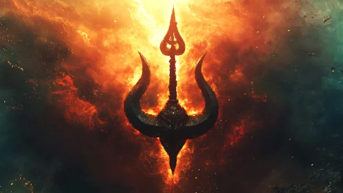 Fiery trident symbol floats in glowing cosmic inferno.